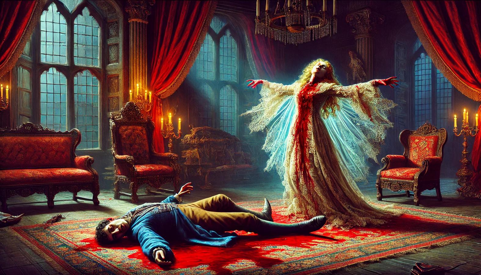 The Lady Madeline, blood-stained and emaciated, falls upon her brother in her final death agonies.