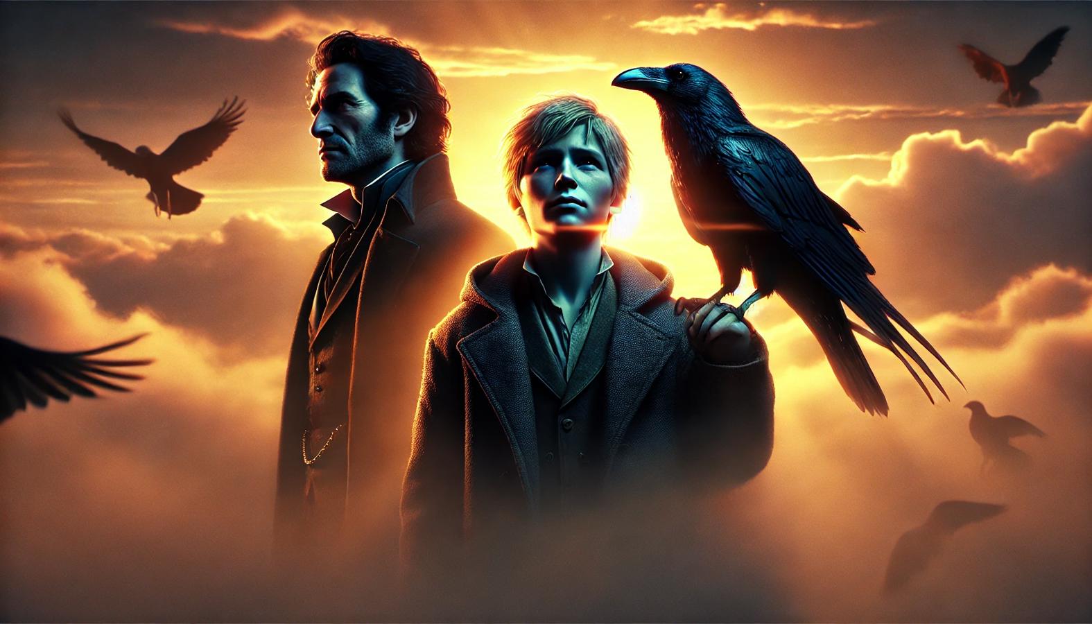 Edgar, Alaric, and the raven standing together at dawn, the first light of dawn breaking through the clouds.
