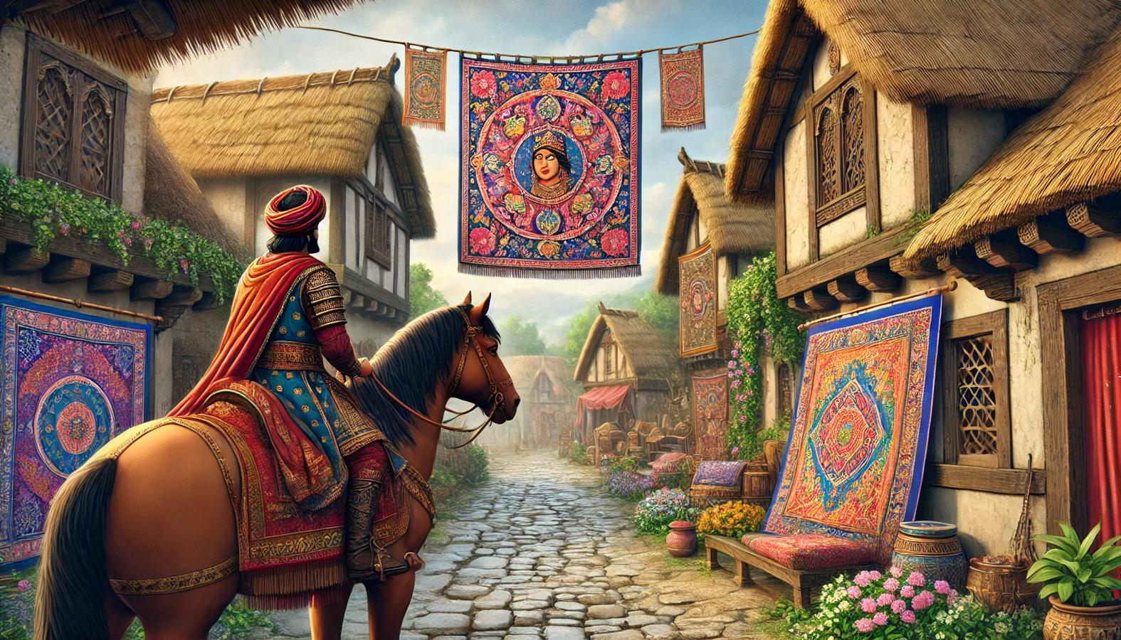 King Arnav on horseback observing tapestries in Raghav