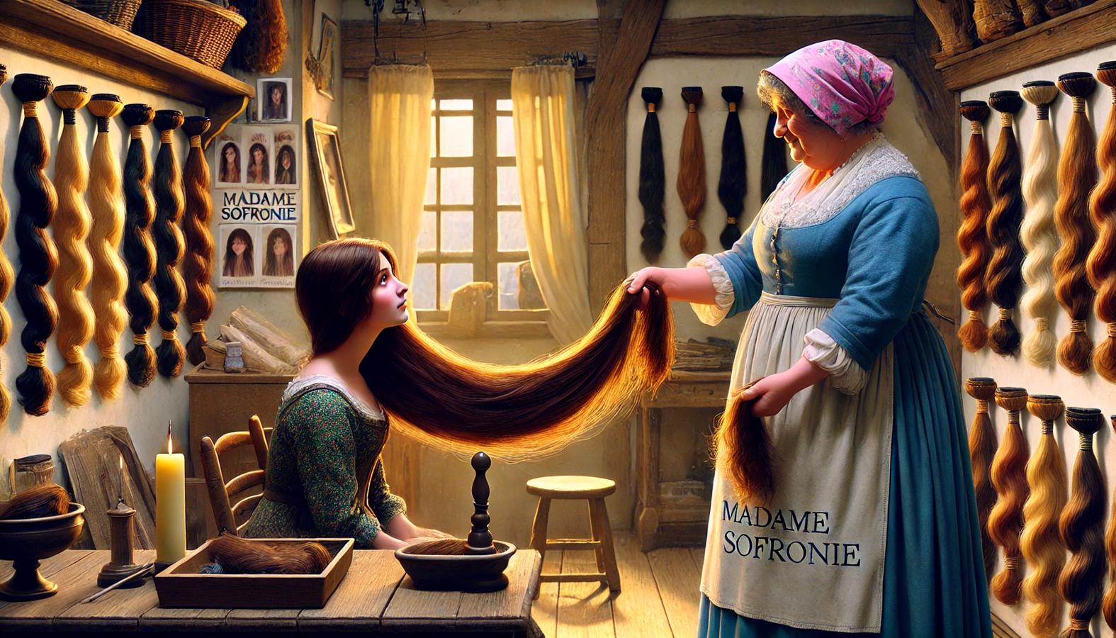 Della selling her long hair to Madame Sofronie in a small shop with hair goods displayed.