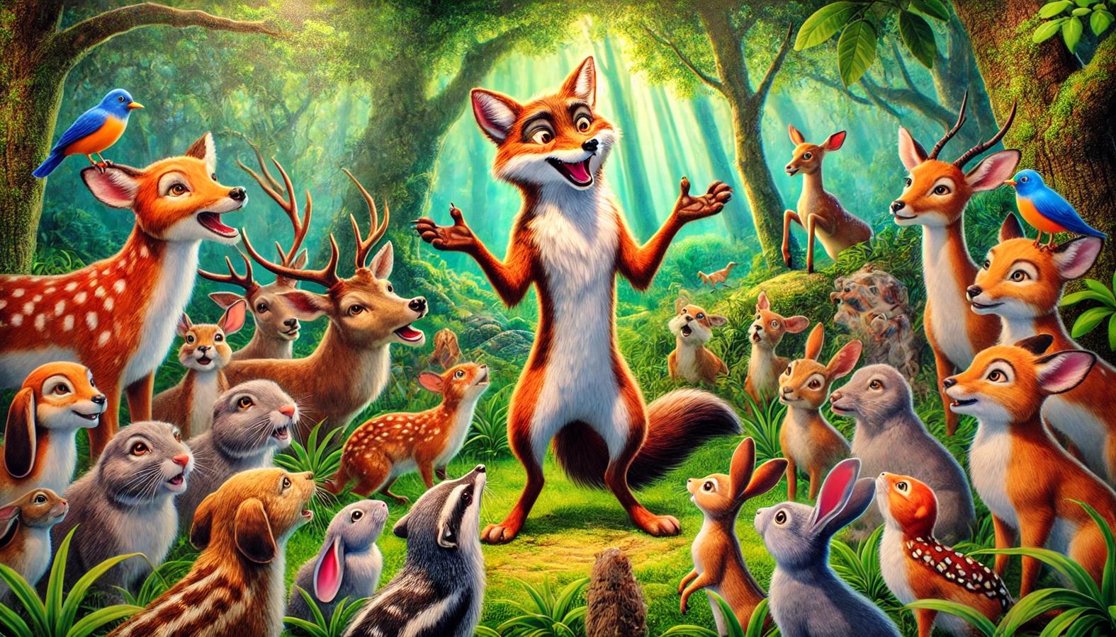 Jackal sharing his story with a group of forest animals gathered around him.