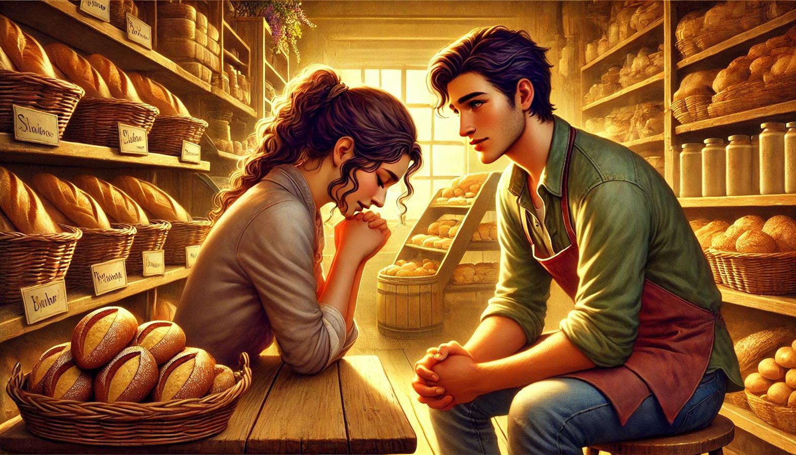 Ethan confessing his past to Lila in a cozy bakery.
