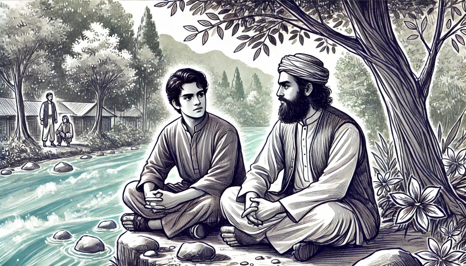 Abbas and Karim sitting by the river, deep in conversation.