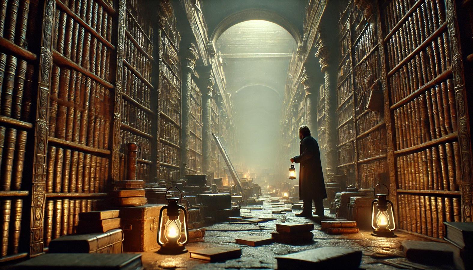 Edgar discovering a hidden underground library filled with ancient books and scrolls, dimly lit by scattered lanterns.