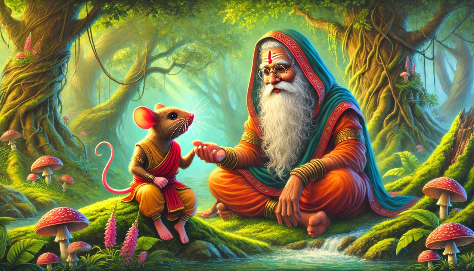 Aranya, now a mouse again, sits beside the wise hermit Kaladitya in the vibrant ancient forest, showing their bond and harmony with nature.
