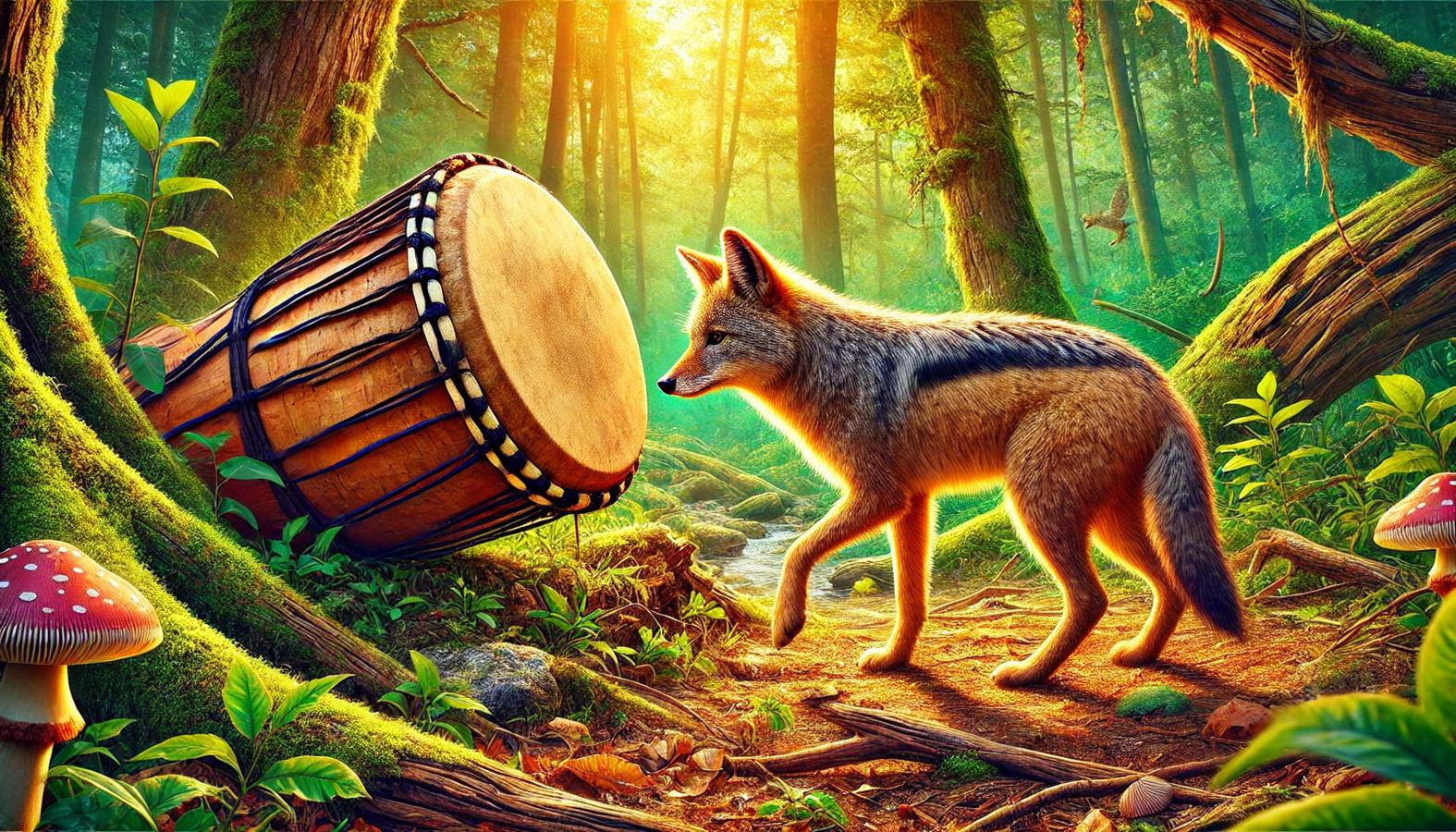 Jackal approaching a drum in a forest clearing with curiosity.