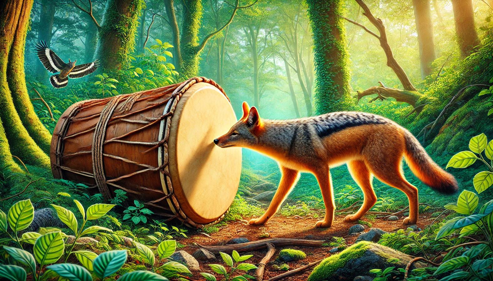 Jackal confidently approaching a drum in the forest, now understanding it.