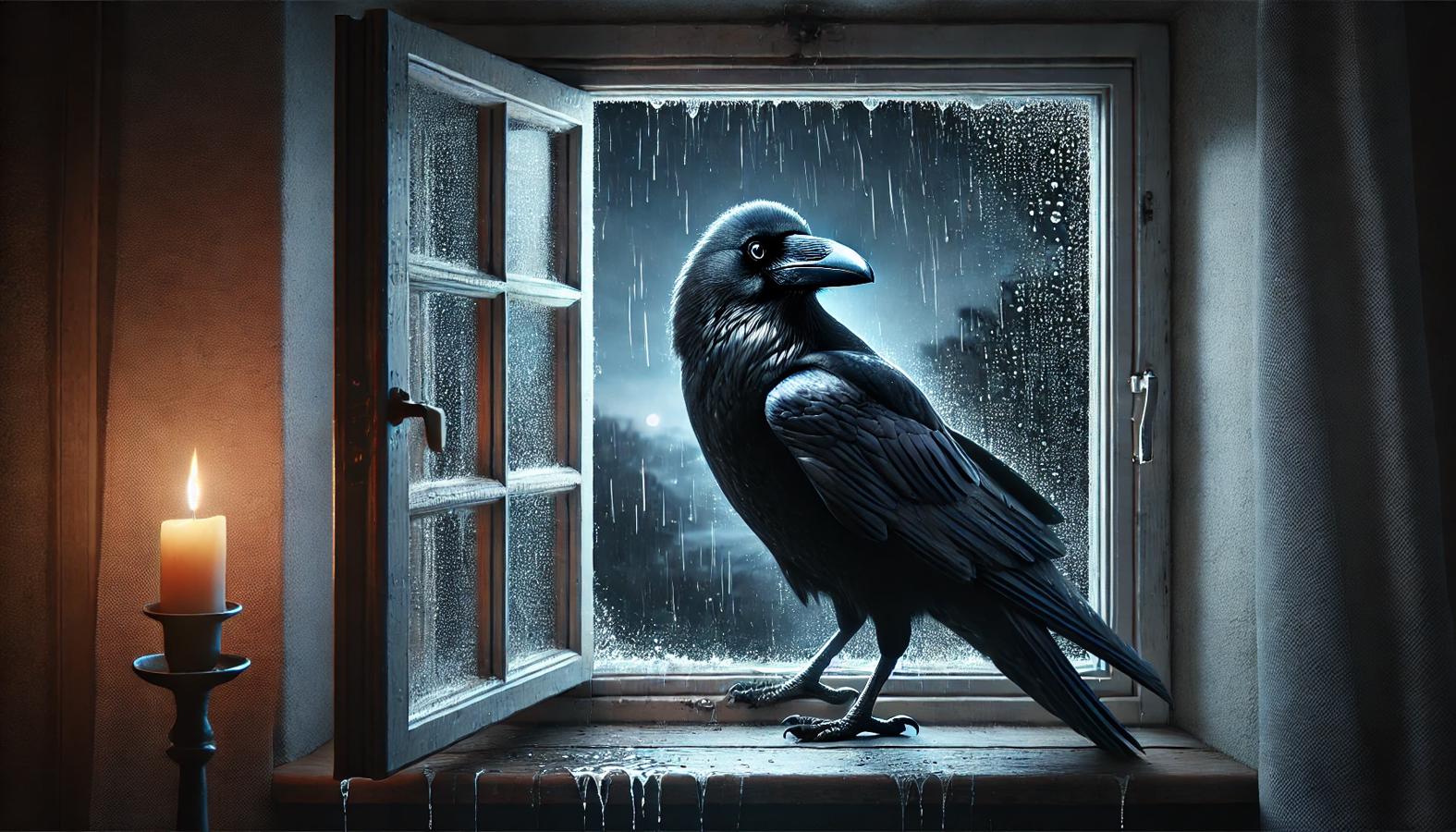 A large black raven perched on a windowsill during a stormy night, rain lashing against the window.