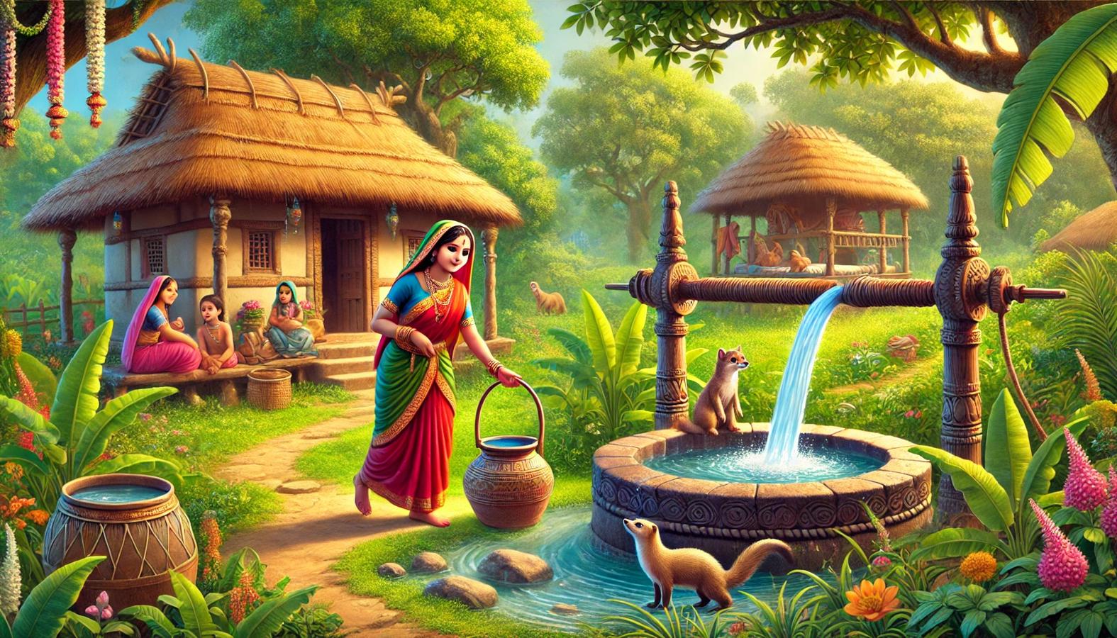 Lakshmi fetching water from the well while the mongoose watches over the baby.