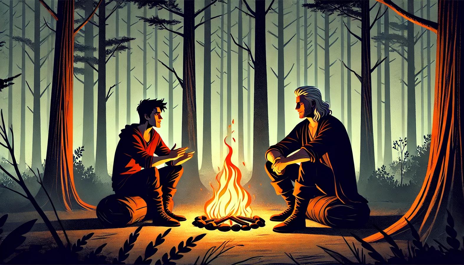 Edgar and Alaric sitting by a campfire during their journey, surrounded by a dense forest.