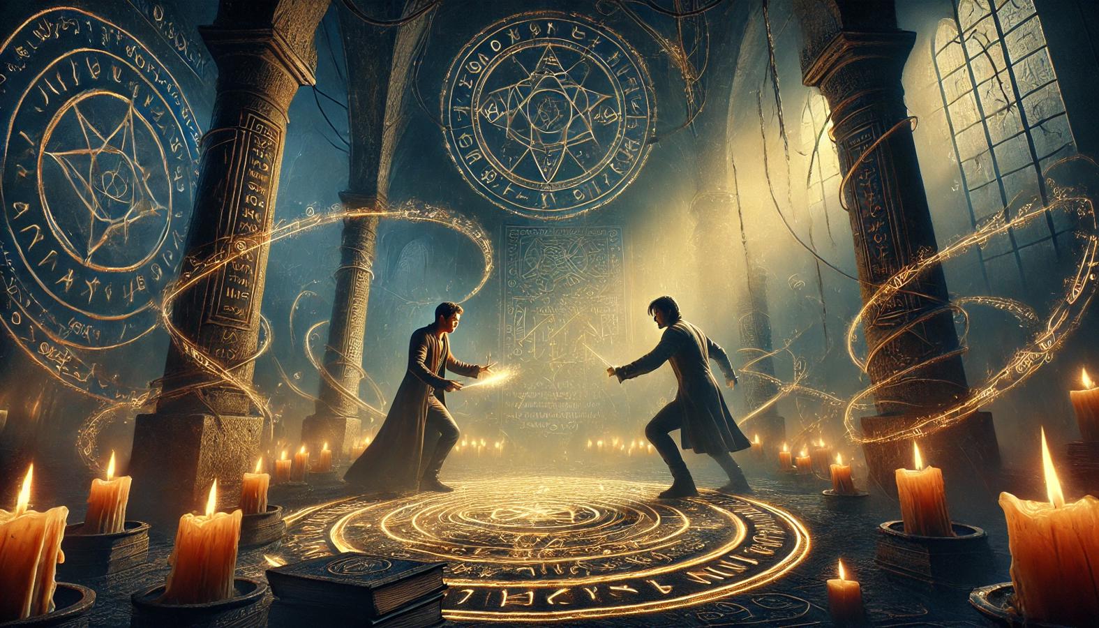 Edgar and Alaric performing the Ritual of Binding in a hidden chamber, shadows twisting around them.