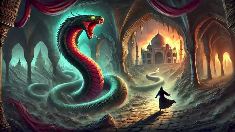 The Sultan, transformed into a serpent by the curse, flees into a dark underground tunnel.