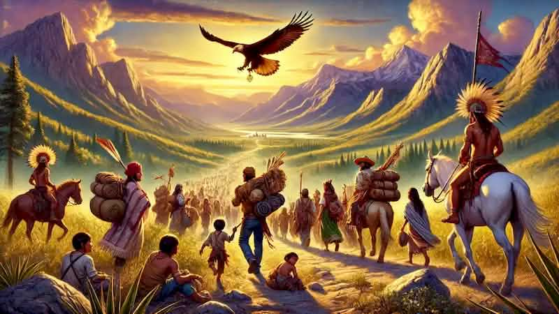 The people of Aztlan journey through rugged landscapes, carrying belongings, guided by a golden eagle soaring above.