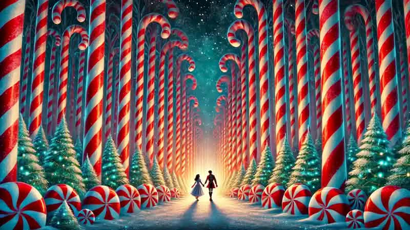 Marie and the Nutcracker Prince walk through the glowing Peppermint Forest, with candy-striped trees and falling snow.