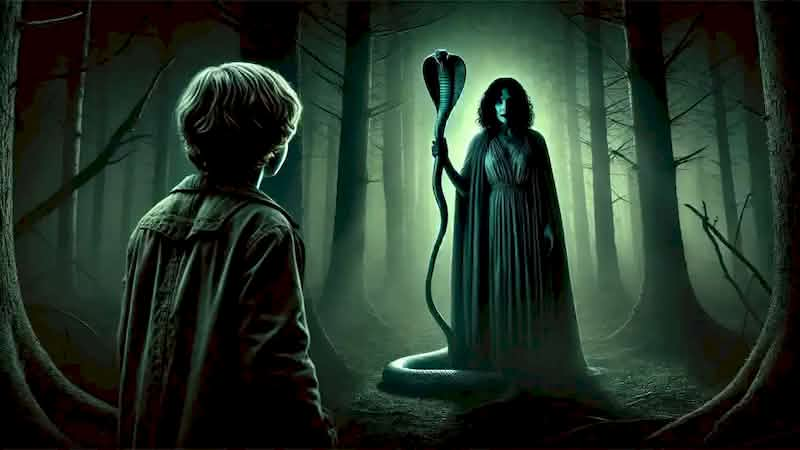 Goody Cloyse holds the serpent-like staff in a forest clearing, while Goodman Brown watches in shock from the shadows.