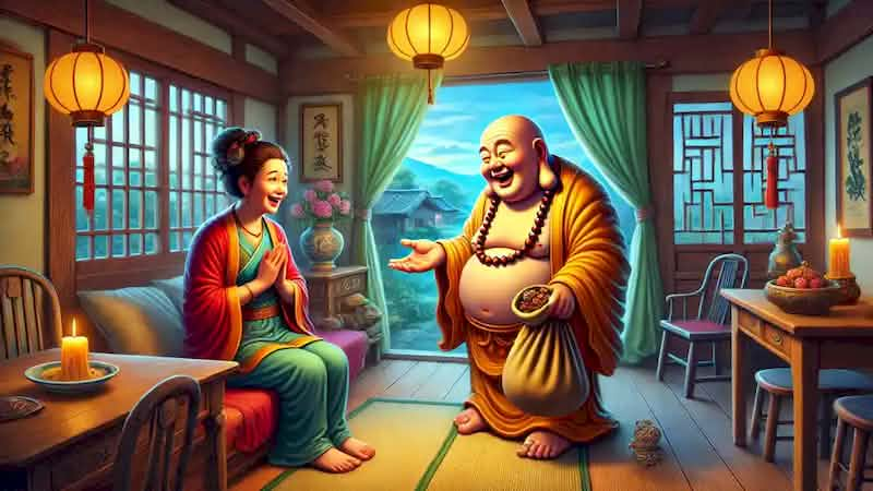 The Laughing Buddha offering a wooden toy to a widow named Mei inside her humble home.