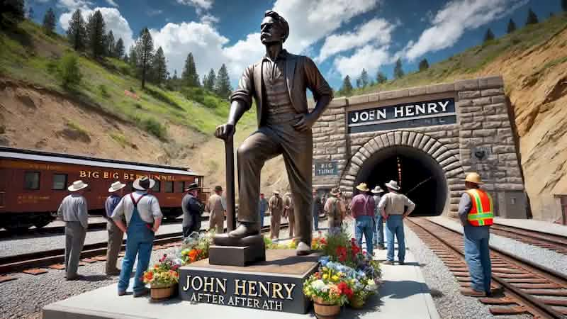 A life-sized statue of John Henry stands at the tunnel entrance, as workers pay their respects.