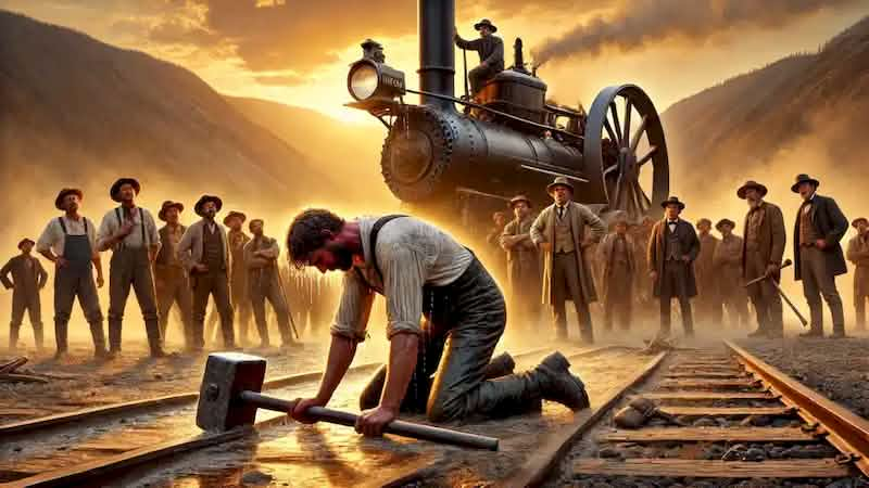 Exhausted John Henry kneels with his sledgehammer as the steam drill stands silent in the background.