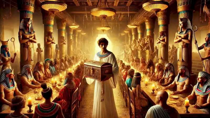 Seth presenting an ornate golden chest during a grand feast, surrounded by Egyptian gods and goddesses.