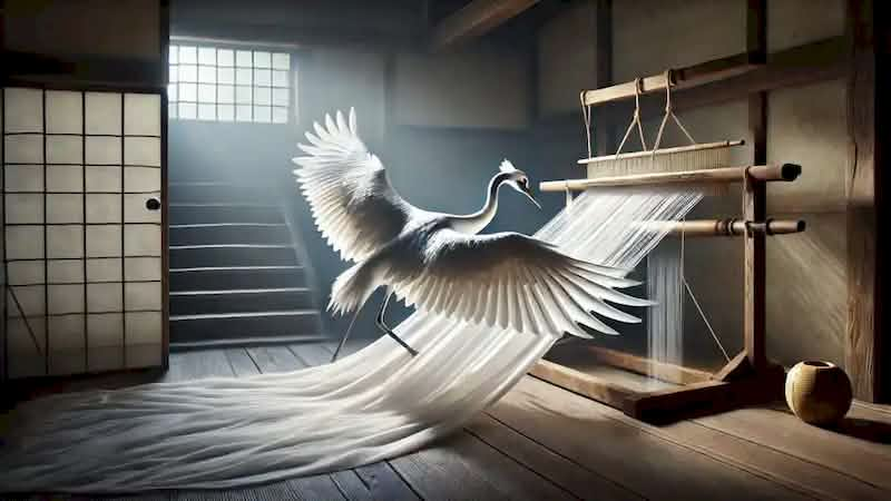 A white crane weaving cloth with its feathers inside a traditional Japanese room.