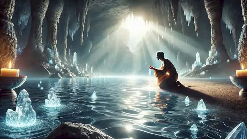 Arash kneeling beside the glowing Sacred River in a majestic cavern surrounded by shimmering crystals.