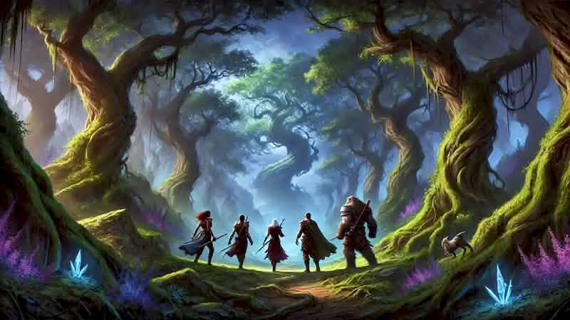 Adventurers in an enchanted forest, bracing for an ambush by shadow wolves with weapons ready.