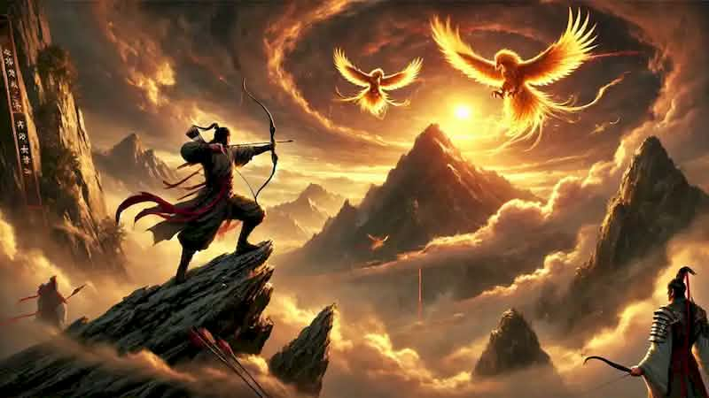 Hou Yi aiming his divine bow at the Golden Crows from a high mountain peak under a dramatic sunset.