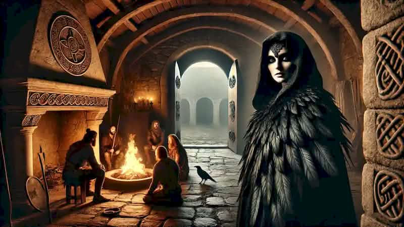 The Morrigan in a raven-feathered cloak standing in the doorway of a great hall, her piercing eyes captivating all.