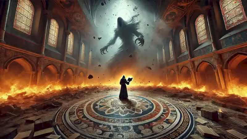 Heinrich performs a ritual in the grand hall as the wraith is caught in a swirling vortex of light and darkness.