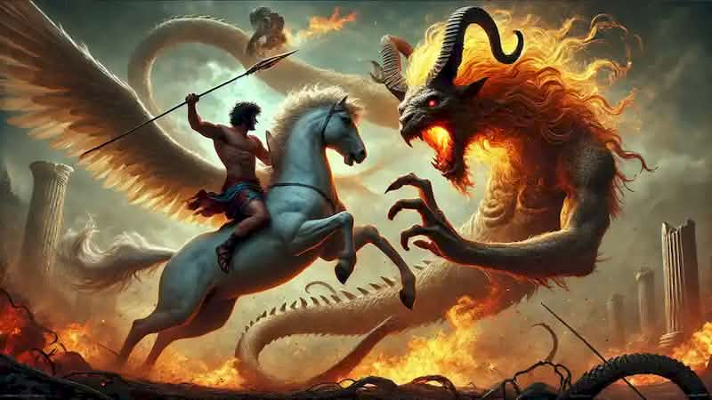 The climactic battle between Bellerophon on Pegasus and the Chimera, with fire, venom, and intense struggle in the air.