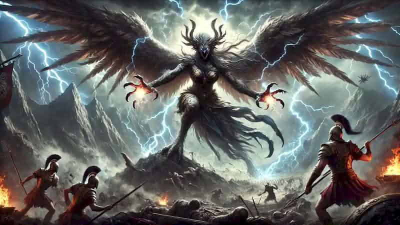 Celaeno, enraged, summons a storm against a warlord’s army, with lightning illuminating the scene in dark mountains.