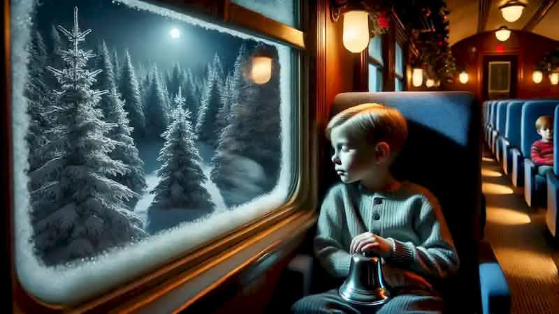 A boy on the Polar Express gazes out a frosted window at a snowy forest while holding a silver bell on the return journey.