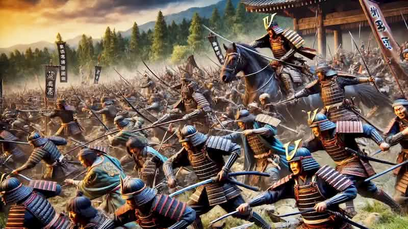 Battle of Kurikara with samurai warriors in fierce combat.