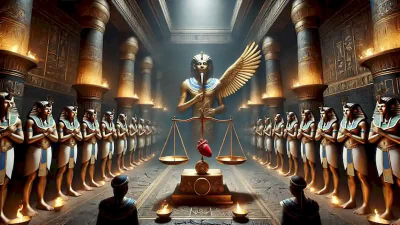 The god Osiris oversees the weighing of a heart against the Feather of Ma'at in the Hall of Judgment.