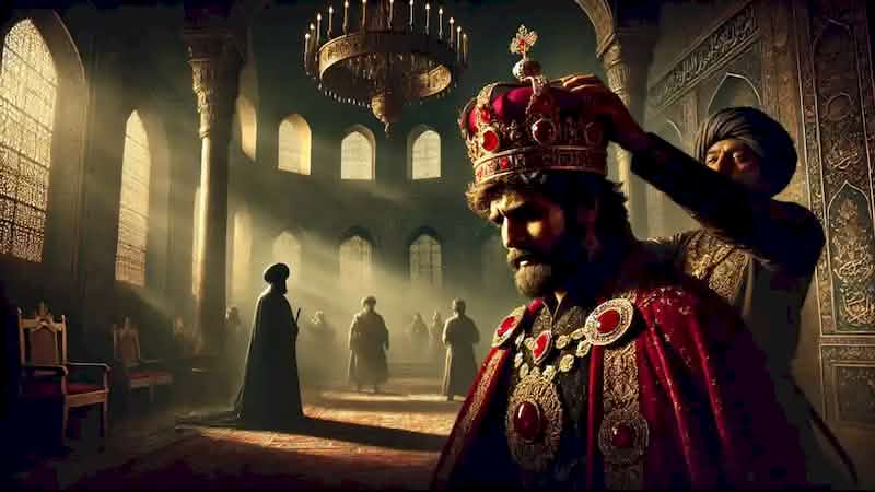 King Hormizd IV is betrayed as his court removes the Ruby Crown from his head in a dimly lit palace.