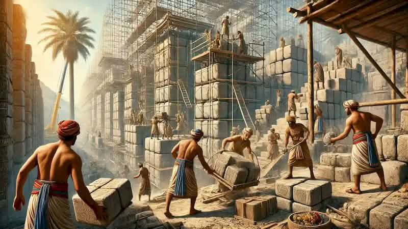 Workers building the stone terraces of the Hanging Gardens, overseen by engineers under the hot Mesopotamian sun.