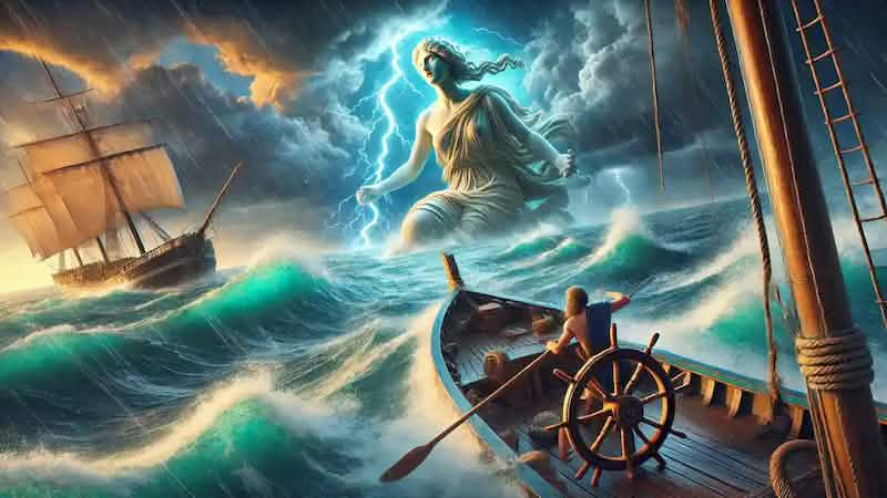 Greek sailor struggles to control his ship during a fierce storm, with Amphitrite appearing on the waves.