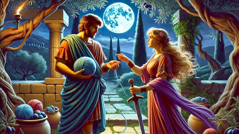 Theseus and Ariadne in a moonlit palace garden as she hands him a sword and thread for his descent into the Labyrinth.