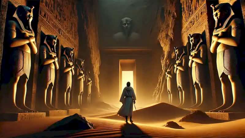 Amenu standing at the entrance of an ancient tomb in the Valley of Kings, with towering pharaoh statues.