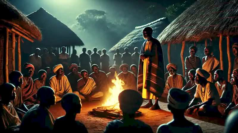 Village elder Mwana speaks gravely to worried villagers by a fire about the disappearance of the fish from the sea.