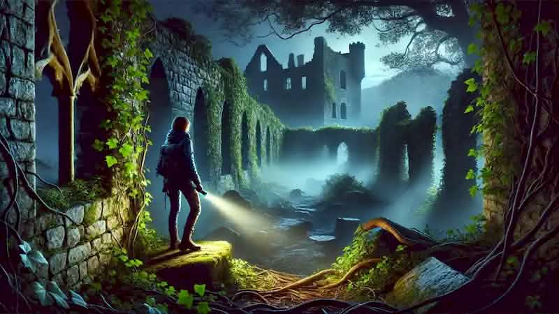 Eleanor explores the misty ruins of Dunleary Castle with a flashlight, surrounded by crumbling ivy-covered walls.