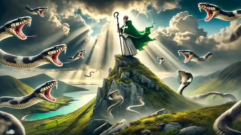 St. Patrick stands on Croagh Patrick, driving snakes into the sea below with divine light breaking through stormy skies.