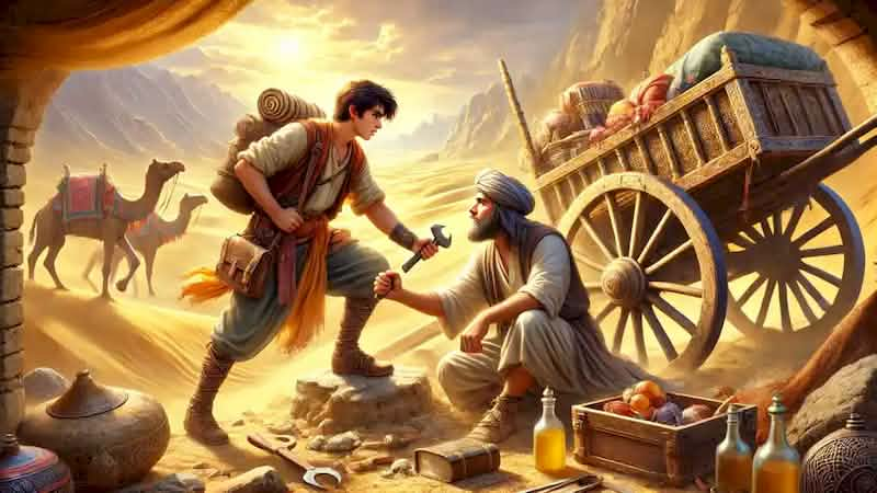 Arash repairing a cart on a desert path, assisting Laleh, with distant mountains under the golden sunlight.