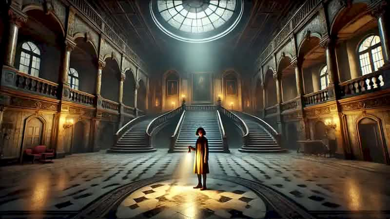  Emilia Adler explores the grand hall of the Schattenschloss, her flashlight illuminating the decaying mansion.