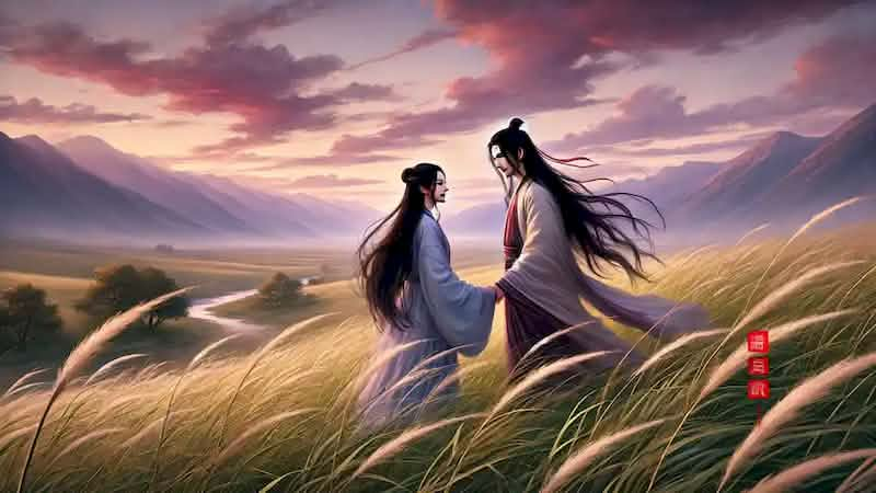 Wei and Mei walk hand in hand through a serene field at sunset, their love and destiny intertwined forever.