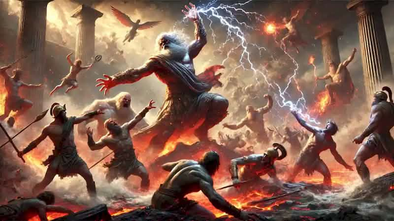 Zeus hurls a thunderbolt during the Titanomachy, with Olympians and Titans battling in a fiery, chaotic landscape.