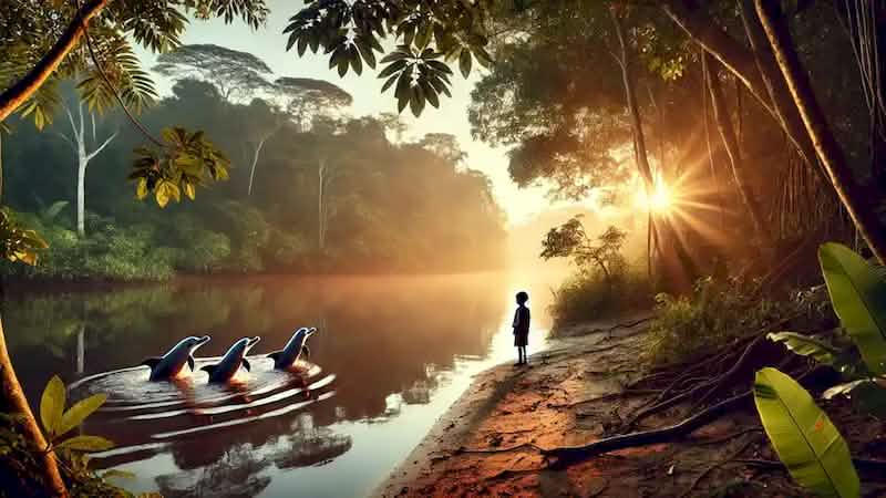 Young Antônio by the Amazon River at sunrise, surrounded by playful pink dolphins, reflecting his bond with nature.