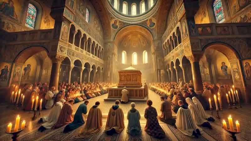 Pilgrims kneeling in prayer at Saint Nicholas' tomb inside the grand Basilica in Bari, surrounded by medieval splendor.