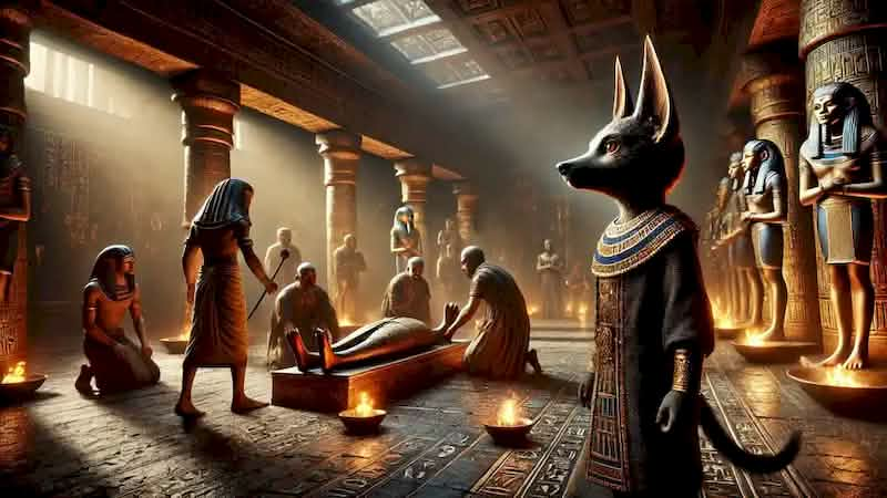 Young Anubis learns mummification rites in a dimly lit temple, observing priests’ sacred preparations.