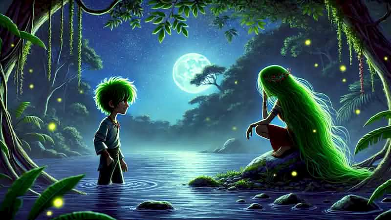 Thiago stands mesmerized at the water's edge, staring at Yara combing her green hair on a rock under the moonlight.